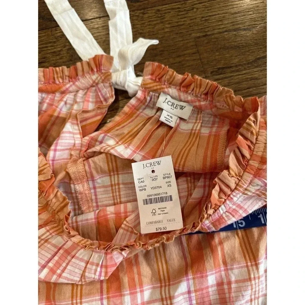 NWT J. Crew Smocked-neck Women's top in Spring plaid Color Size XS 2771
